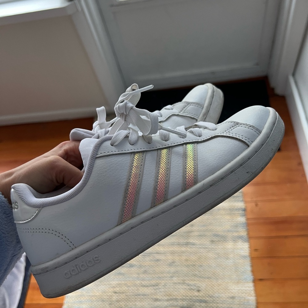 Adidas White Sneakers with Iridescent Stripes